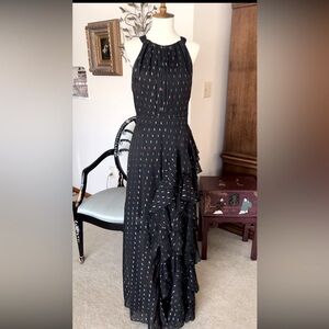 Betsy & Adam Metallic Chiffon Front Ruffle Slit Halter Neck Sleeveless Gown